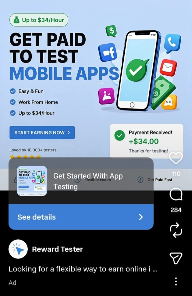 Reward Tester online mobile app testing job ad screenshot